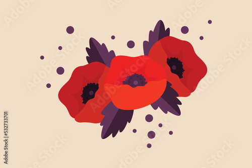Three red poppy to make a symbol of a memorial day. Remembrance day concept. Flat vector illustrations isolated. 