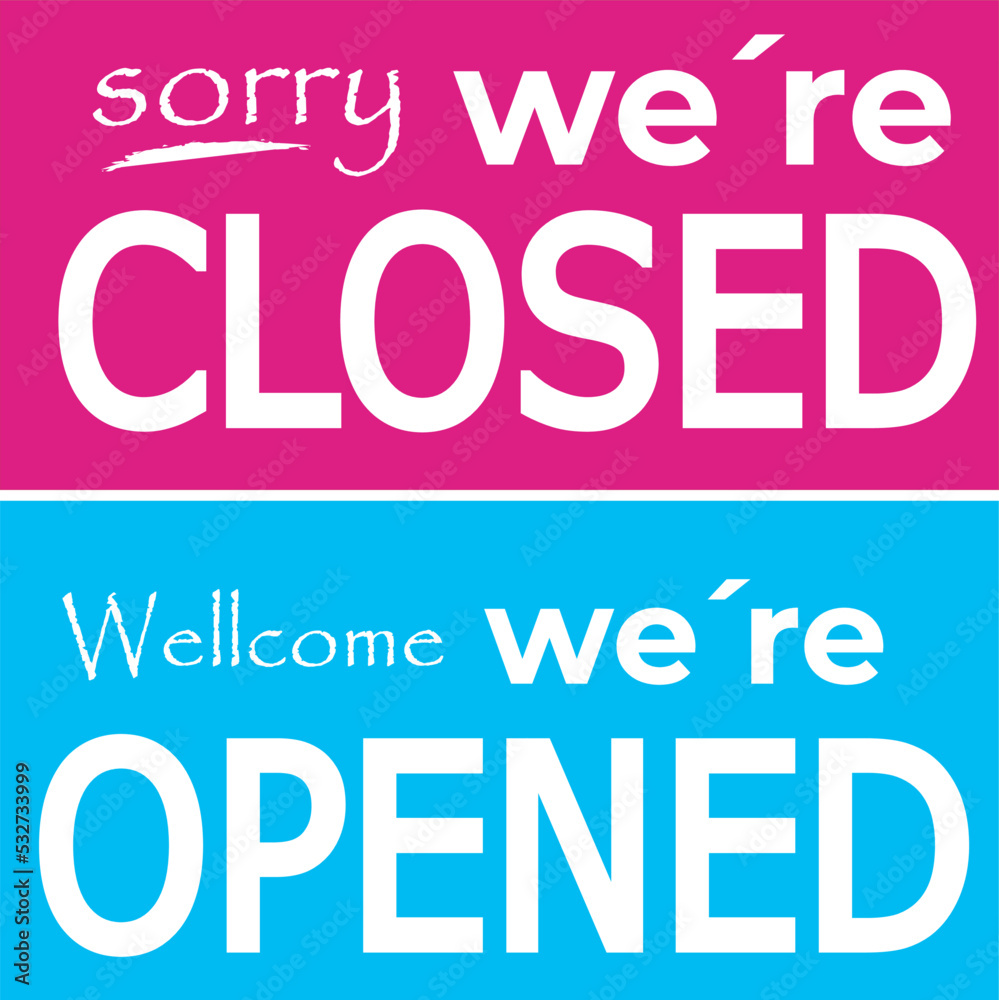Vecteur Stock "Open" and "Closed" signs in white font on a magenta and light blue background for
