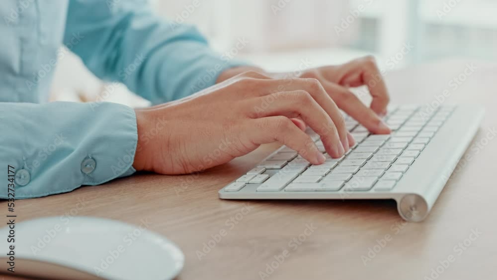 Business hands, typing email and computer keyboard on office desk with woman working on a report or proposal. Online planning, web search and mouse click with female internet user and programmer