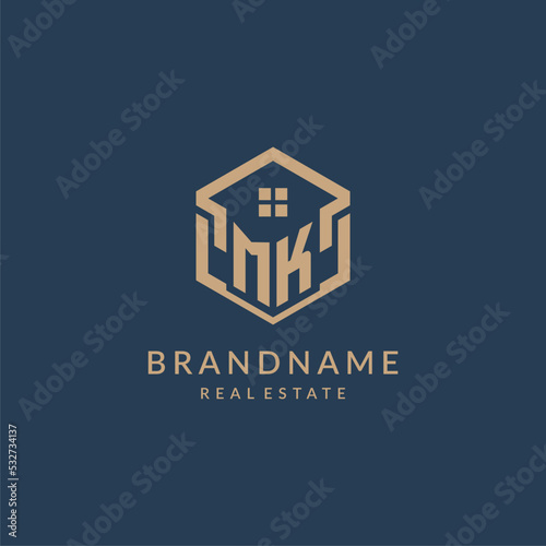 Initial letter MK hexagonal house roof shape icon logo design