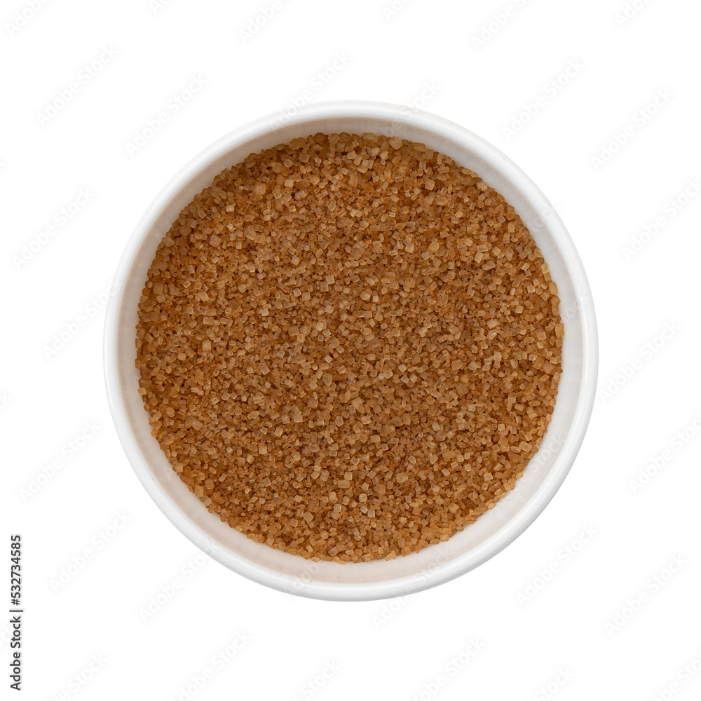 top view of unrefined natural brown sugar in ceramic bowl isolated on white background, cane sugar close-up top view of unrefined natural brown sugar in ceramic bowl isolated on white background, cane sugar close-up
