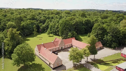 Wallpaper Mural Aerial View Of Countryside Buildings And Barn Near The Green Forest At Summer In Denmark. - pullback Torontodigital.ca