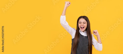 Got success. Successful girl celebrate success. School education. Child face, horizontal poster, teenager girl isolated portrait, banner with copy space. © Olena