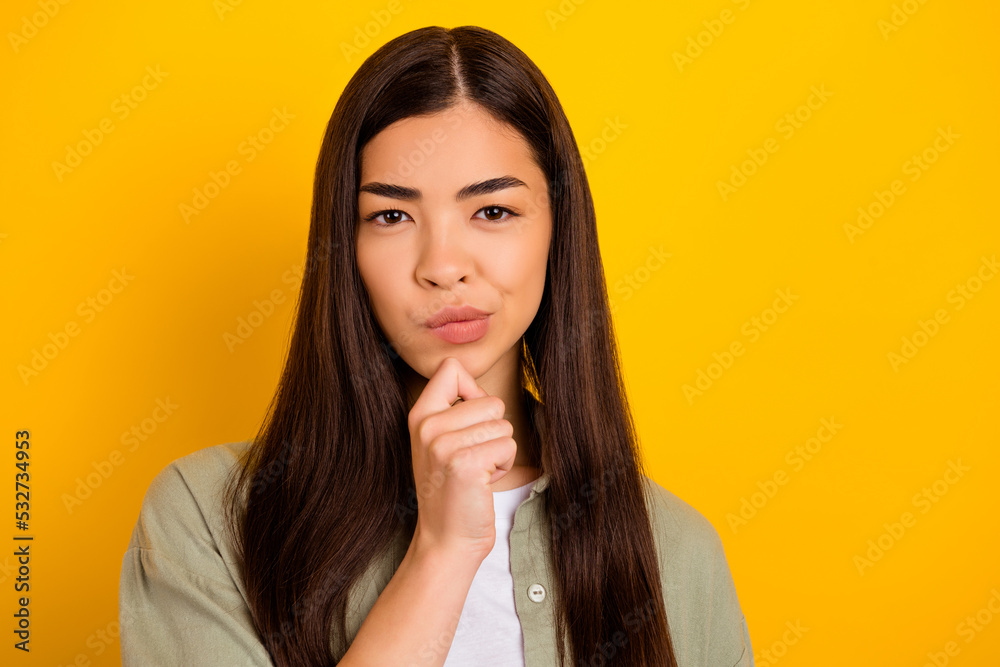 Photo of lovely intelligent brainstorming girl generate idea try to find problem solution isolated on yellow color background Photo of lovely intelligent brainstorming girl generate idea try to find problem solution isolated on yellow color background