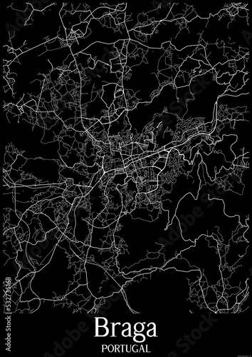 Black and White city map poster of Braga Portugal.