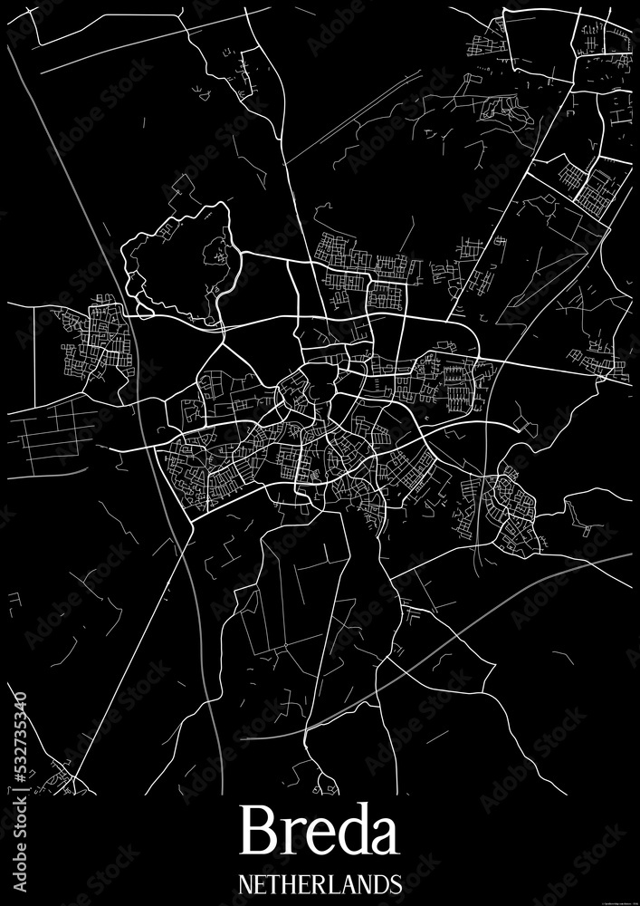Black and White city map poster of Breda Netherlands.