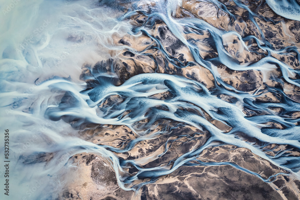Abstract Icelandic glacier rivers melting pattern in summer at highlands of Iceland