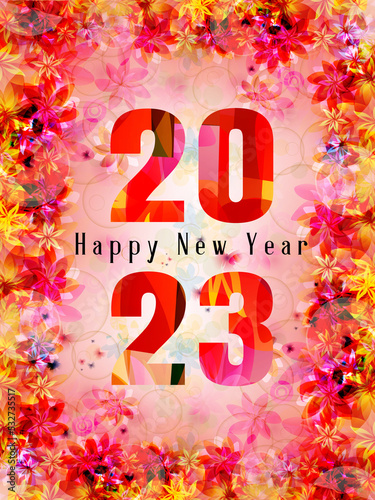Happy 2023 New Year in pink color. Vector illustration. Happy New Year floral poster. Design for seasonal holiday greeting cards, banners, flyers and party invitations	