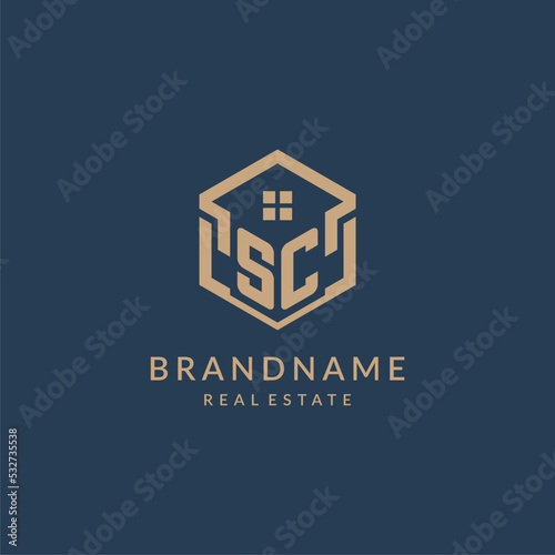 Initial letter SC hexagonal house roof shape icon logo design