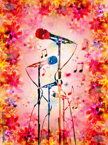 Musical poster with microphones and musical notes on floral background in pink color. Vector illustration. Live concert events, music festivals and shows poster background, karaoke party flyer	