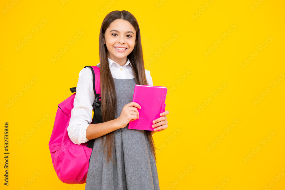School teenager child girl with book and copybook. Teenager student, isolated background. Learning and knowledge. Go study. Education concept. School teenager child girl with book and copybook. Teenager student, isolated background. Learning and knowledge. Go study. Education concept.