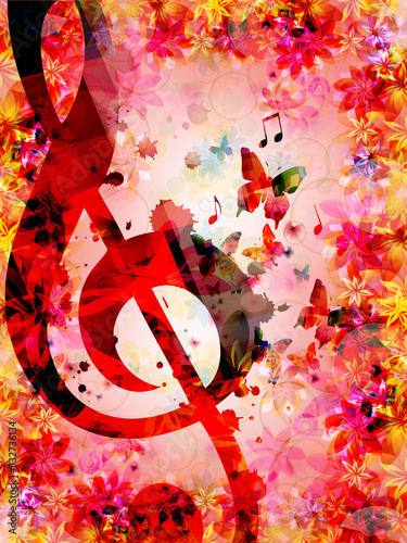Musical poster with G-clef on floral background in pink color. Vector illustration. Poster for live concert events, music festivals and shows, karaoke party flyer, invitation design