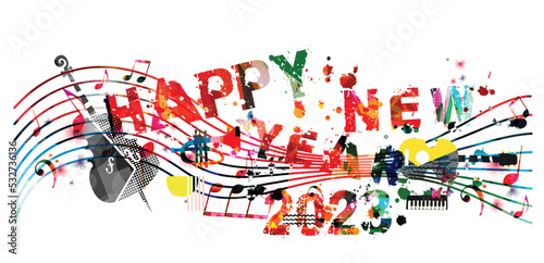 Happy 2023 New Year colorful vector illustration. Happy New Year banner with musical notes and instruments for seasonal holiday greeting cards, flyers and party invitations	