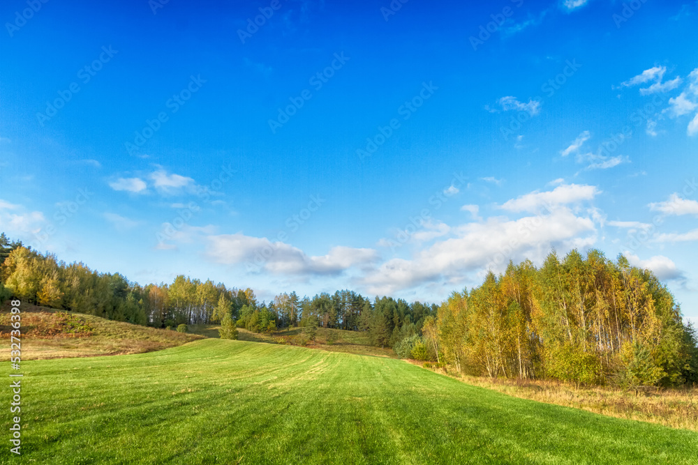 Landscape autumn time on the meadow, colourful trees and amazing blue sky with clouds, sunny day, Poland Europe
