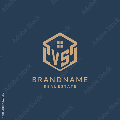 Initial letter VS hexagonal house roof shape icon logo design