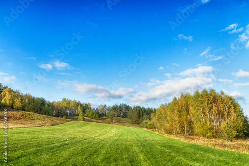 Landscape autumn time on the meadow, colourful trees and amazing blue sky with clouds, sunny day, Poland Europe © Marcin Perkowski