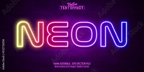 Neon glowing text effect, editable neon light text style isolated on brick wall background