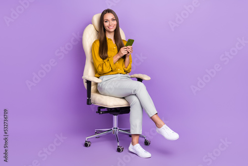 Full length photo of hr sit hold telephone wear blouse trousers shoes isolated on purple color background