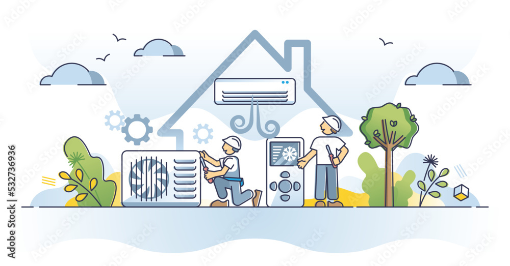 Air conditioning system with AC chill climate temperatures outline concept. Breeze blowing ventilators installation with HVAC worker professional service vector illustration. Indoor heat control unit.