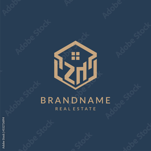 Initial letter ZN hexagonal house roof shape icon logo design
