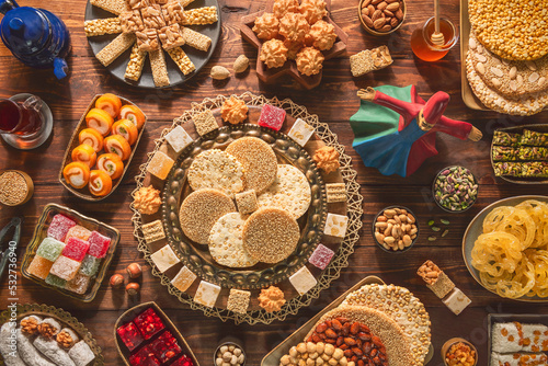 Fototapeta Naklejka Na Ścianę i Meble -  Collection of traditional Arabic sweets and candies to celebrate 
