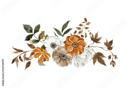 An autumnal floral arrangement made in neutral earthy colors. Watercolor rust, burnt orange, brown, white flowers, and foliage. Hand-painted botanical illustration.