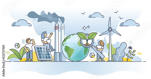 Environmental impact assessment or EIA nature analysis outline concept. Ecological effect review with alternative power sources instead of CO2 pollution vector illustration. Examination and research.