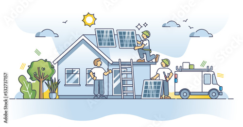 Solar panel installation and professional technician application on roof outline concept. Maintenance and adjustment for effective performance and improved electricity production vector illustration.