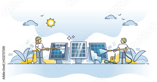 Solar panel cleaning for effective sunlight collector cells outline concept. Clean and shiny after professional maintenance and washing from dust vector illustration. Performance improvement service.