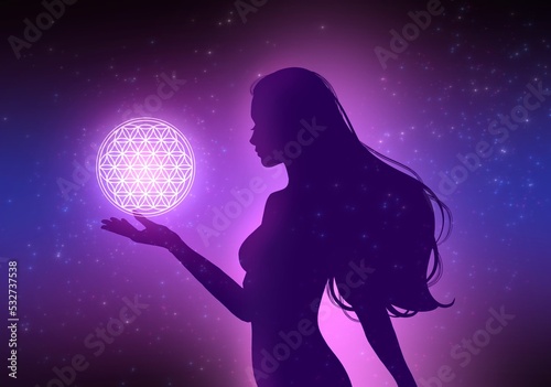 Spiritual illustration material of a woman surrounded by the light of the Flower of Life