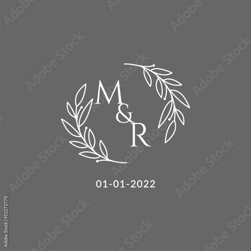 Initial letter MR monogram wedding logo with creative leaves decoration