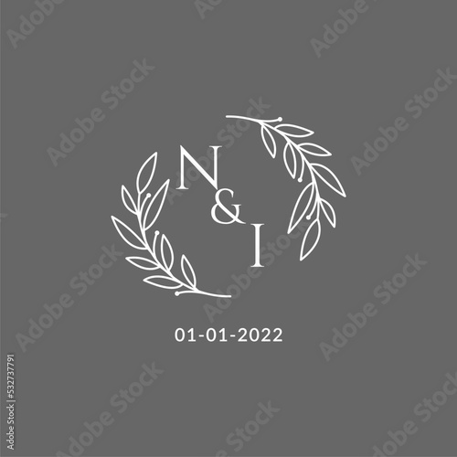 Initial letter NI monogram wedding logo with creative leaves decoration