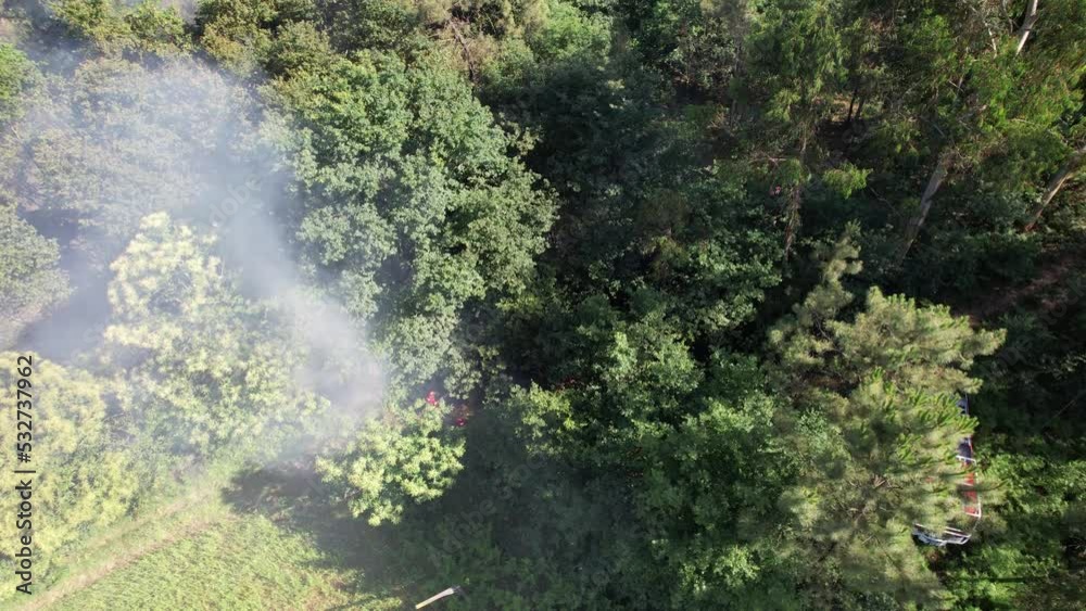 Firefighter truck and fire in the forest. Firefighter car inside the forest. Natural Disaster. Climate Change. Fire and Smoke in Forest Aerial View Firefighter truck and fire in the forest. Firefighter car inside the forest. Natural Disaster. Climate Change. Fire and Smoke in Forest Aerial View