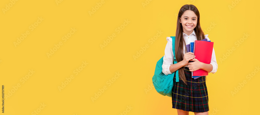 schoolgirl with notepad and backpack. back to school. teen girl ready to study. Horizontal isolated poster of school girl student. Banner header portrait of schoolgirl copy space. schoolgirl with notepad and backpack. back to school. teen girl ready to study. Horizontal isolated poster of school girl student. Banner header portrait of schoolgirl copy space.