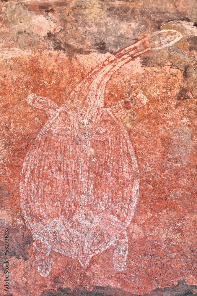Fototapeta premium Aboriginal rock art: long neck turtle being hunted by locals. Ubirr-Kakadu-Australia-195