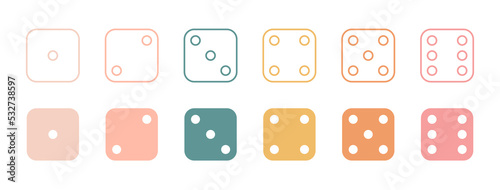 Dice color flat line icon set. Cube sign. Win jackpot banner. Backgammon game 1 3,5. Casino poker bet label. Competition game design. Success number. Entertainment tag. Vector illustration