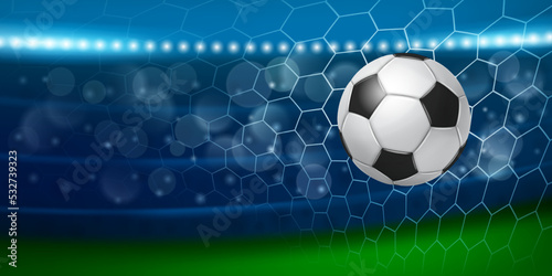 Illustration with a realistic soccer ball flying into the net of a football goal against the backdrop of the stadium stands