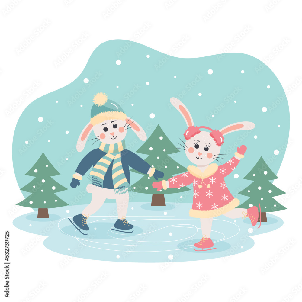 Cute bunnies in warm clothes skating on an ice rink in the forest. Winter greeting card. Bunny or hare - childish mascot 2023 symbol year. Cute bunnies in warm clothes skating on an ice rink in the forest. Winter greeting card. Bunny or hare - childish mascot 2023 symbol year.