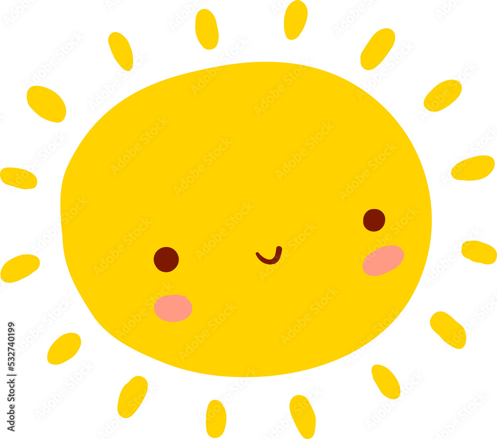 Fototapeta premium Cartoon smiling sun character, kawaii personage