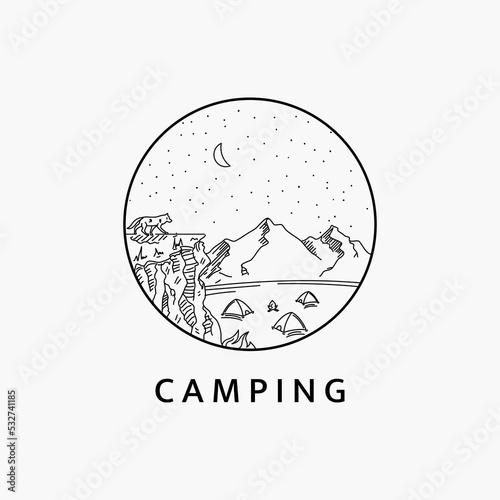 Minimalist camping in the mountains line art logo illustration template design. The enchantment of the sky and nature of the mountains at night.