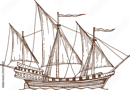 Tela Sailboat sail ship boat vintage brigantine sketch