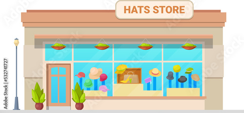 Storefront of hats and caps shop, headwear store
