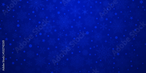 Background of complex big and small Christmas snowflakes in dark blue colors. Winter illustration with falling snow