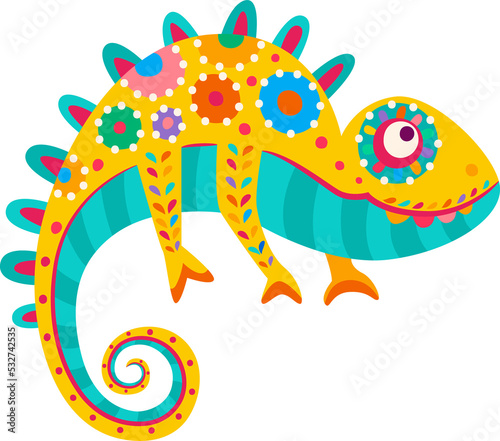 Cartoon mexican chameleon with floral ornaments