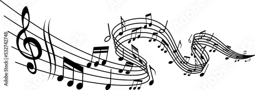 Melody wave, music notes, swirl of musical staff