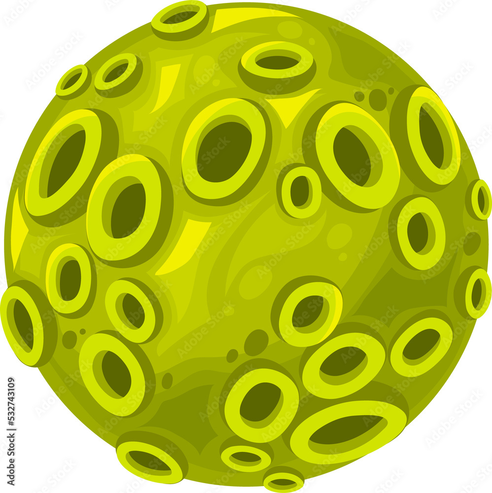 Cartoon green space planet with craters icon Cartoon green space planet with craters icon