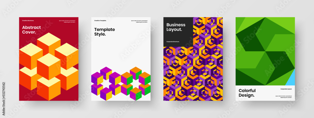 Fototapeta premium Vivid mosaic pattern postcard illustration set. Bright annual report design vector layout composition.