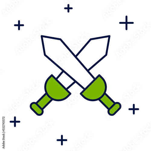 Filled outline Crossed medieval sword icon isolated on white background. Medieval weapon. Vector