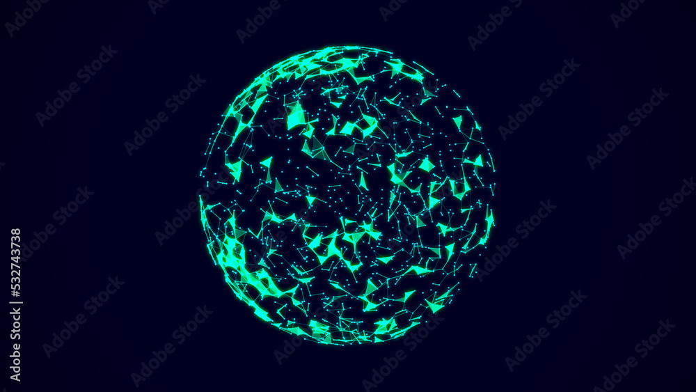 Abstract lines connection in the shape of Earth. Mesh sphere with flying debris. Global digital futuristic technology of network. 3d rendering. Abstract lines connection in the shape of Earth. Mesh sphere with flying debris. Global digital futuristic technology of network. 3d rendering.