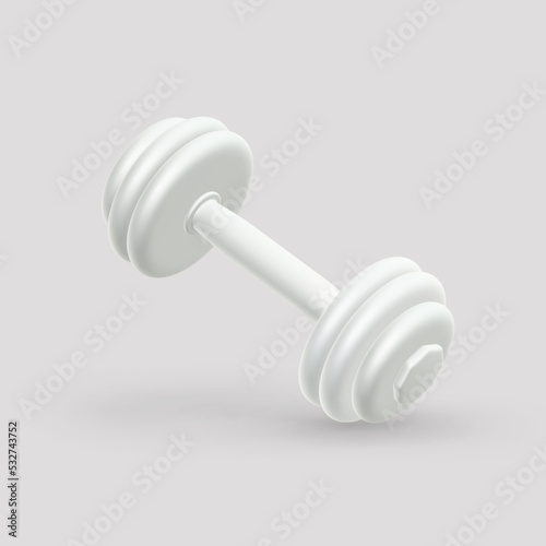 3D realistic white dumbbell on light background. Heavy weight accessories for physical exercise and fitness. Healthy lifestyle concept: dumbbell for individual sports and gym. Vector illustration